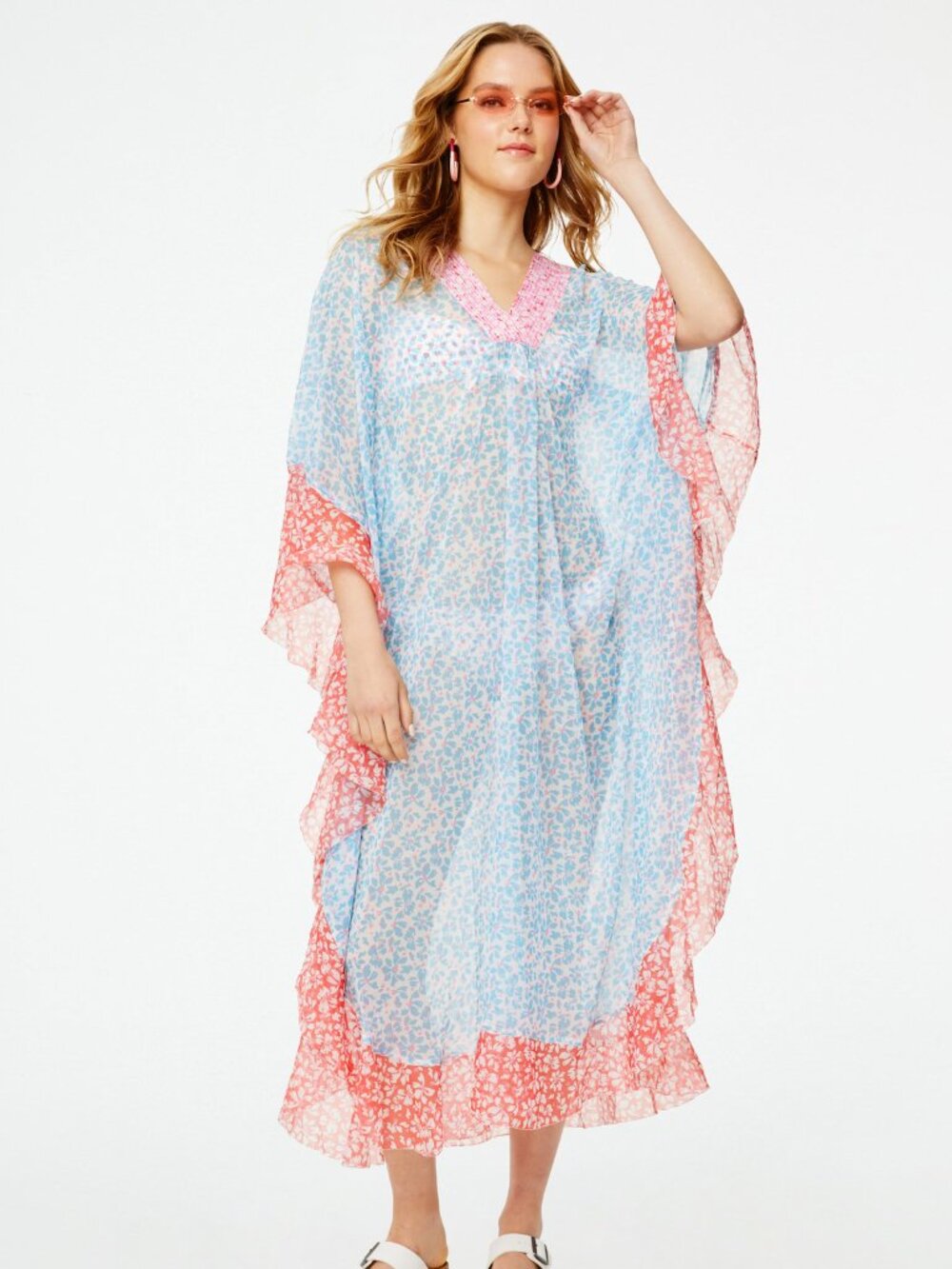 Roller Rabbit Vinca Sandia Floral Beach Cover Up Kaftan Pink Blue Size M/L
